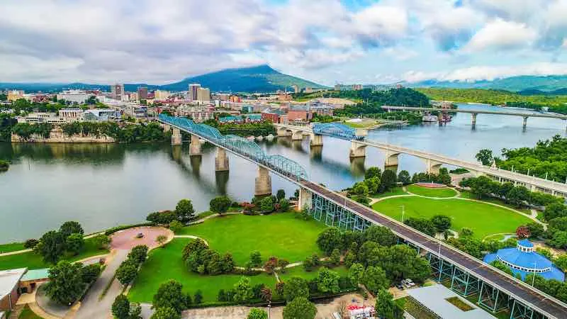 Drone Aerial of Downtown Chattanooga TN Skyline