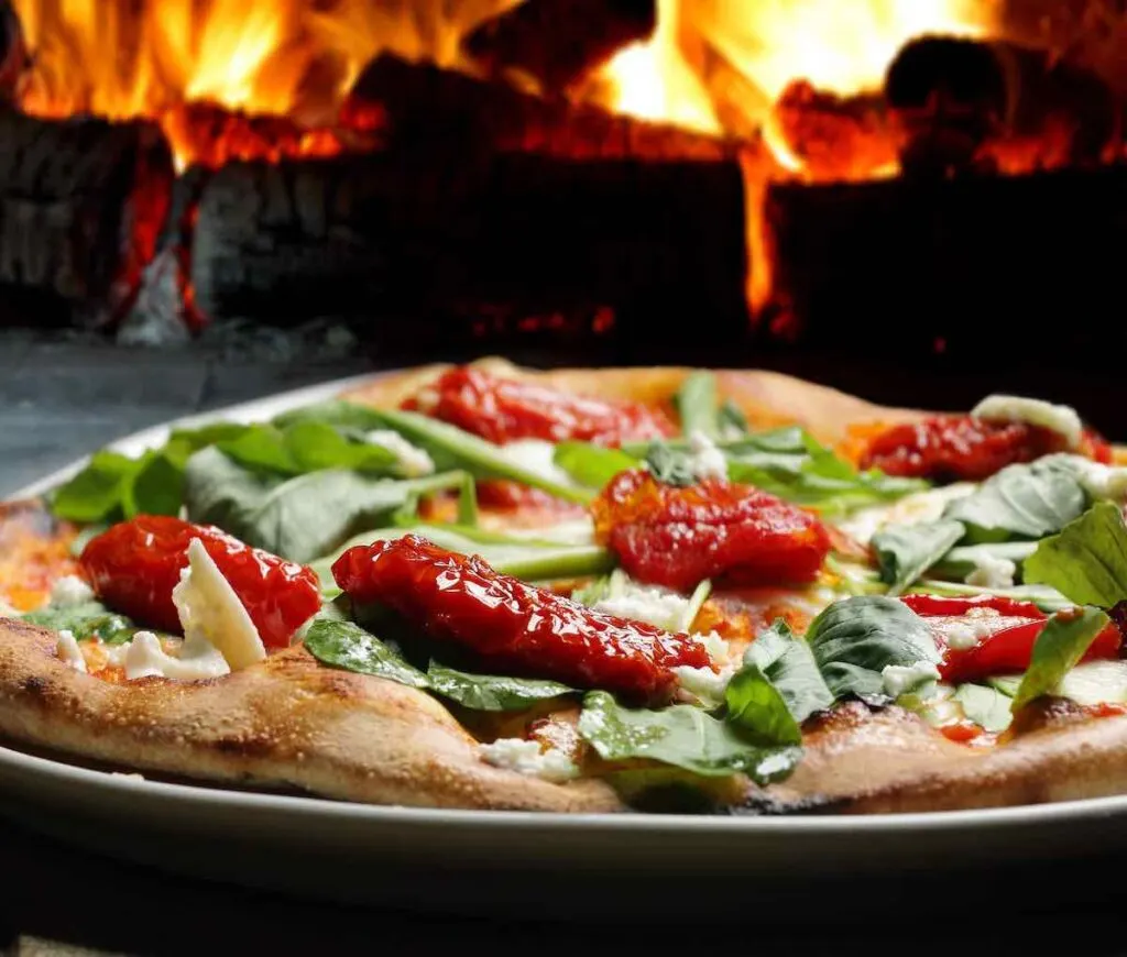 wood-burning fire-cooked pizza