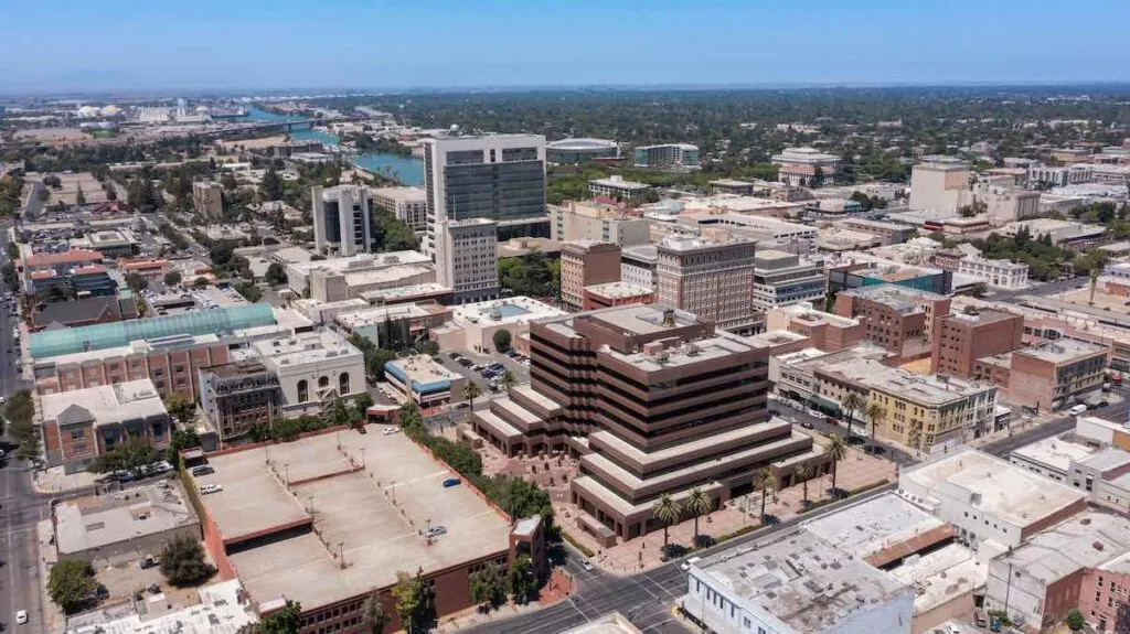 Daytime view of the downtown city center of Stockton, California, USA