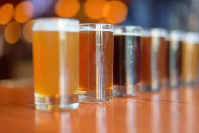 A row of beer flight glasses.