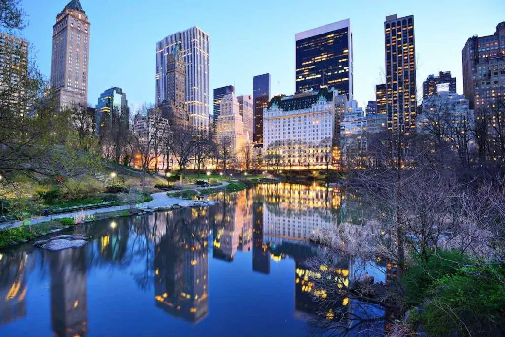 Central Park South skyline from Central Park Lake in New York City.