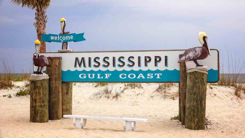Mississippi Gulf Coast sign on sandy beach in Gulfport