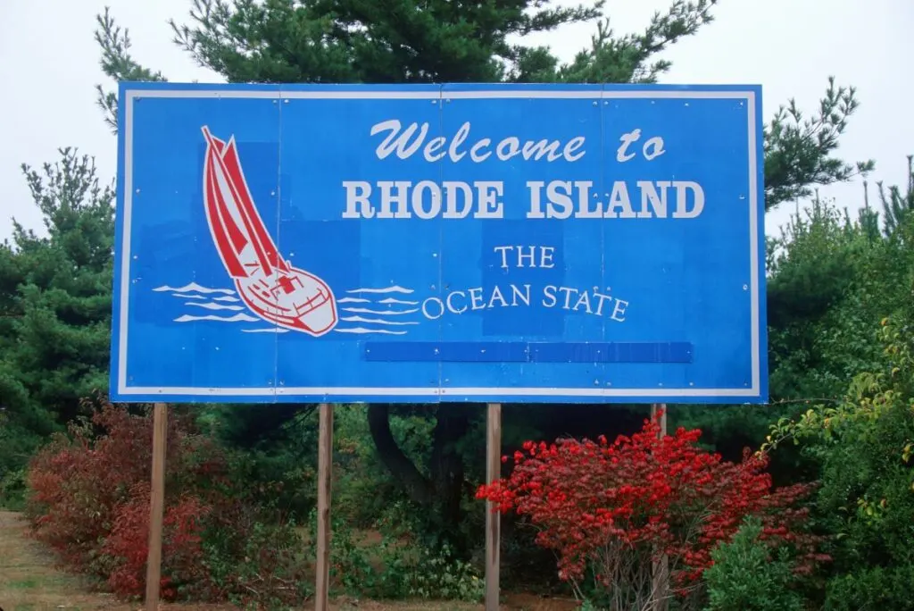 Welcome to Rhode Island sign marks the edge of the state where you are likely to find the best breakfast in Rhode Island.
