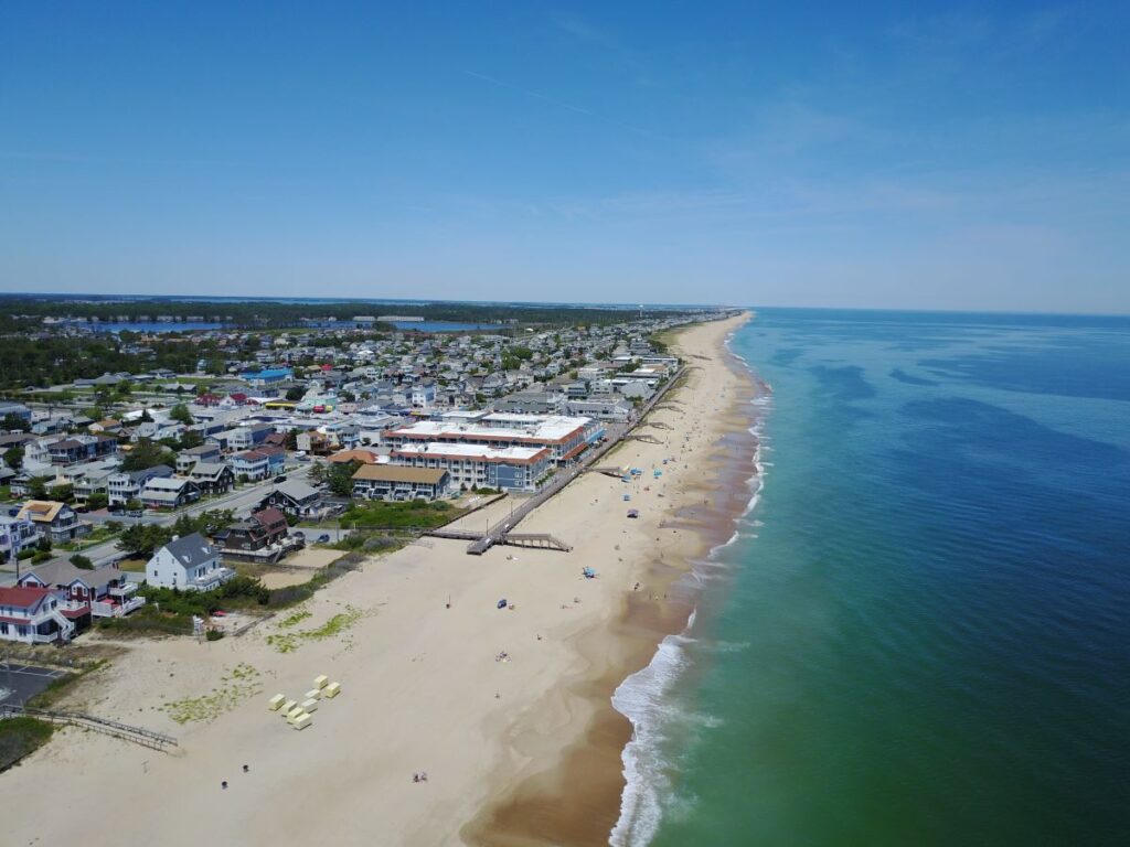 A drone photo of one of the best beaches in Delaware, Bethany Beach.