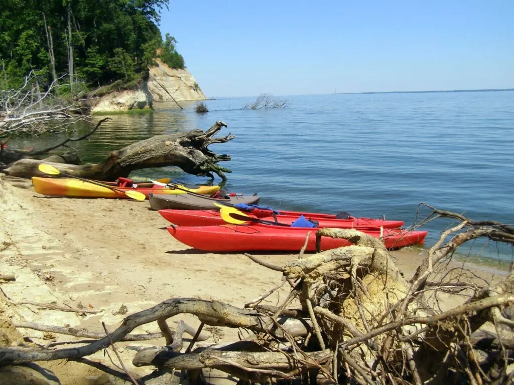 Kayaks on a Westmoreland State Park beach in Virginia.