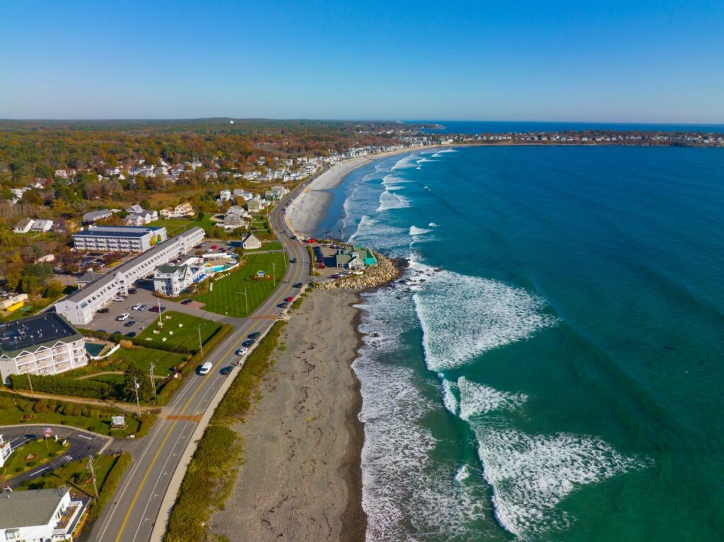 An aerial view of Long Sands Beach in Maine.