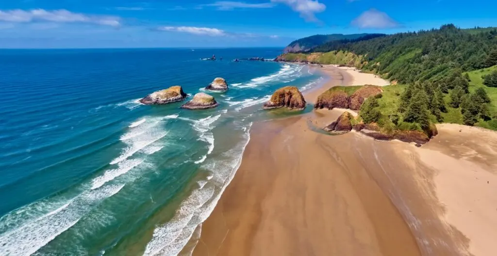 Aerial view of a beach in Oregon, one of the best beaches in Oregon.