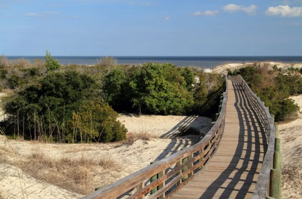 A wooden walkway at Cumberland Island National Seashore, where you can find some of the best beaches in Georgia.