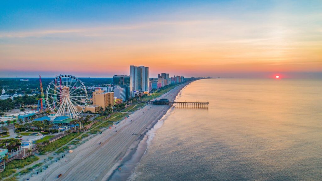 A drone shot of Myrtle Beach, South Carolina. One of the best beaches in South Carolina.