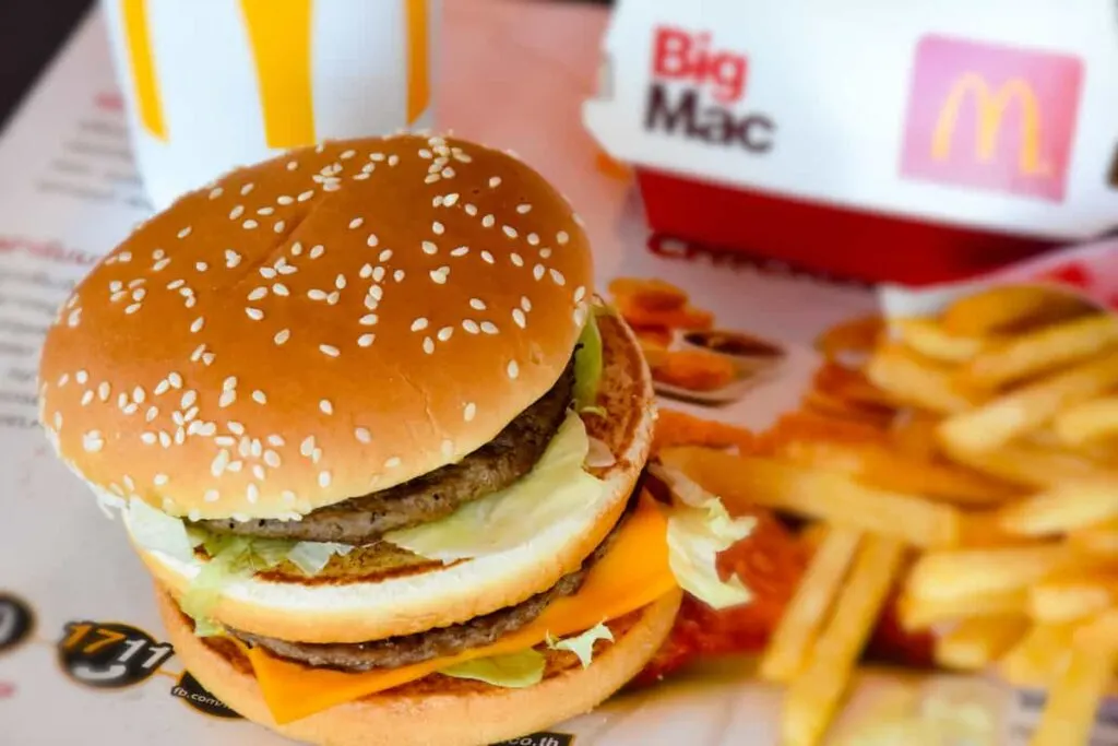 Closeup of a Big Mac and fries meal.