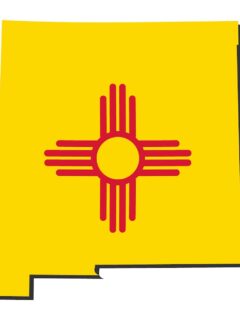 A graphic of the state of New Mexico with the yellow color and zia symbol of the state flag.