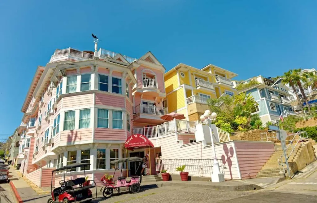 Pastel-colored homes along a hill in Avalon, CA.