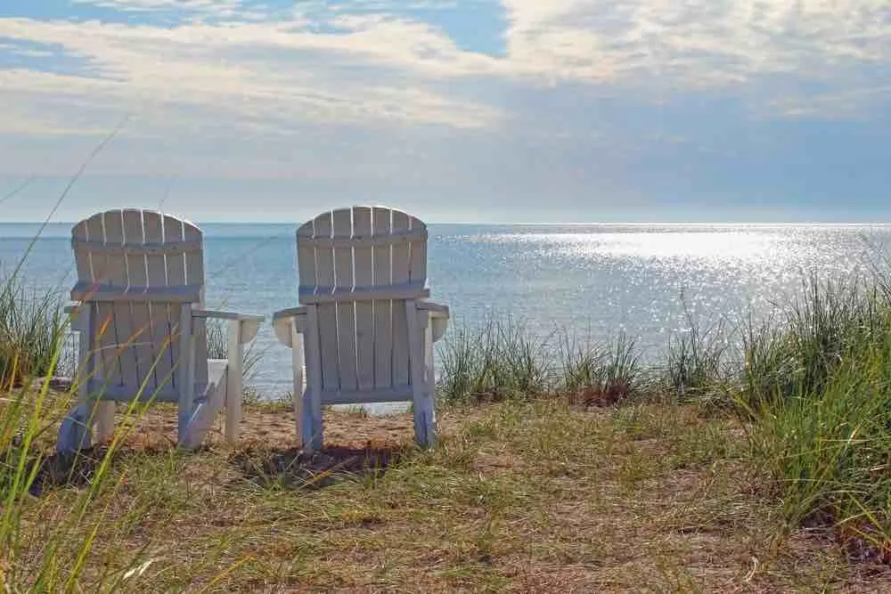 chairs on the shore of Lake Michigan