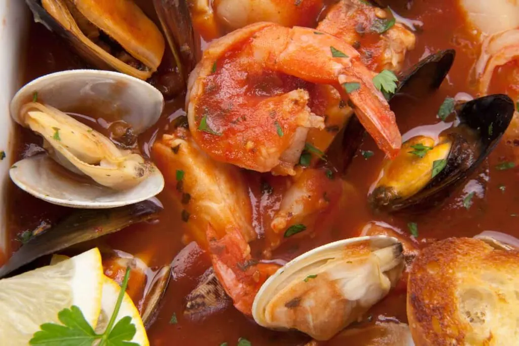 Closeup of cioppino stew, the US version of French bouillabaisse.