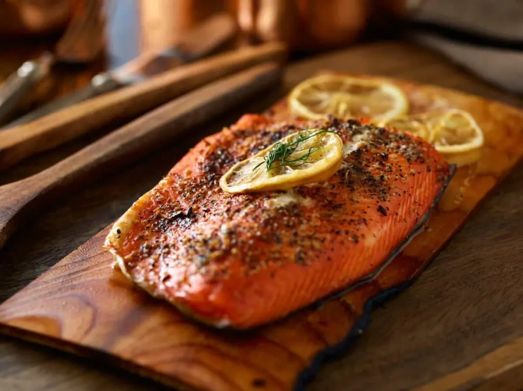 A filet of cedar plank salmon.